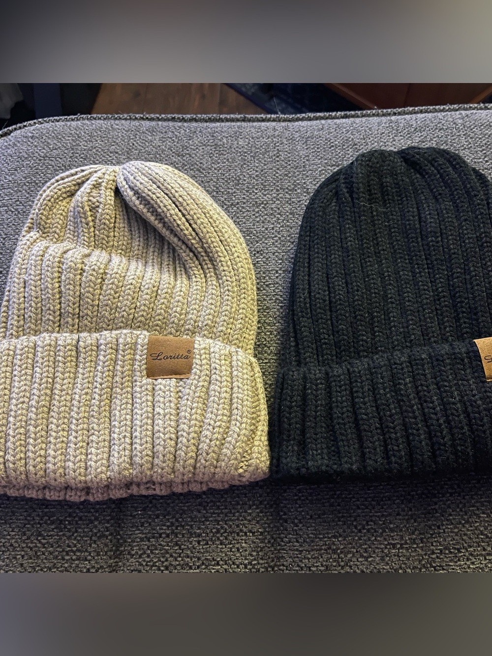 Two Ribbed Knit Beanies - Beige and Black